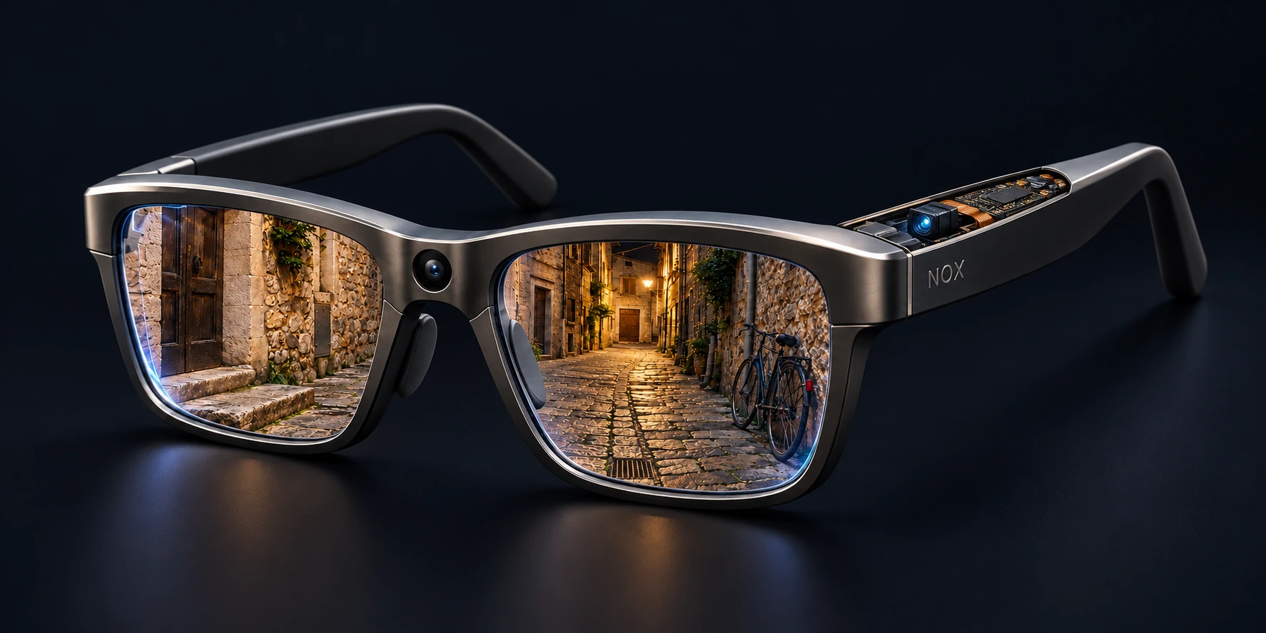 Vue de concept des lunettes NOX : caméra centrale, optique et électronique intégrées dans la branche.